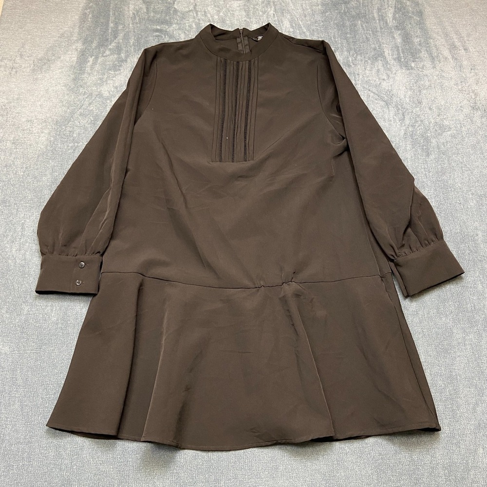 Zara Shift Dress Womens Large Black Flare Long Sleeve Back Zip Cocktail Evening